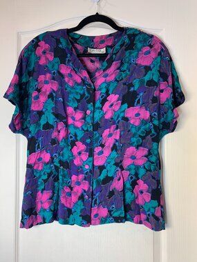 Davina Vintage Floral Blouse Women’s Size 6‎ Rayon Covered Buttons 90s Colorful